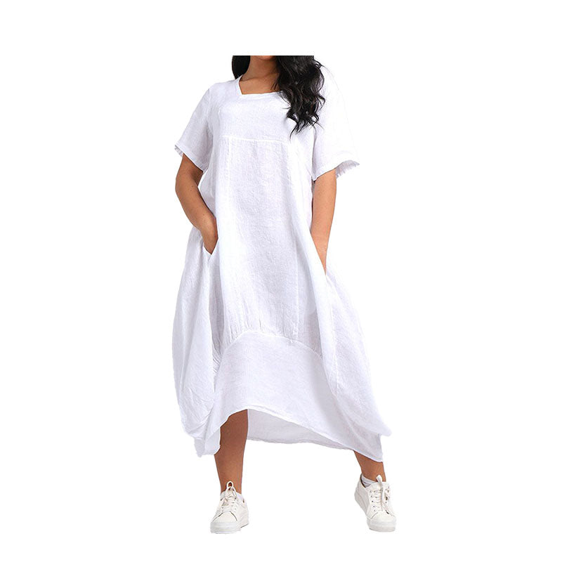 Sophie Italian Plain Square Neck Balloon Hem Linen Tunic Dress - White Sophie Italian Plain Square Neck Balloon Hem Linen Tunic Dress - White